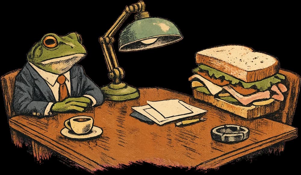 Winston Marsh, a frog in a suit, at his desk facing a very large sandwich